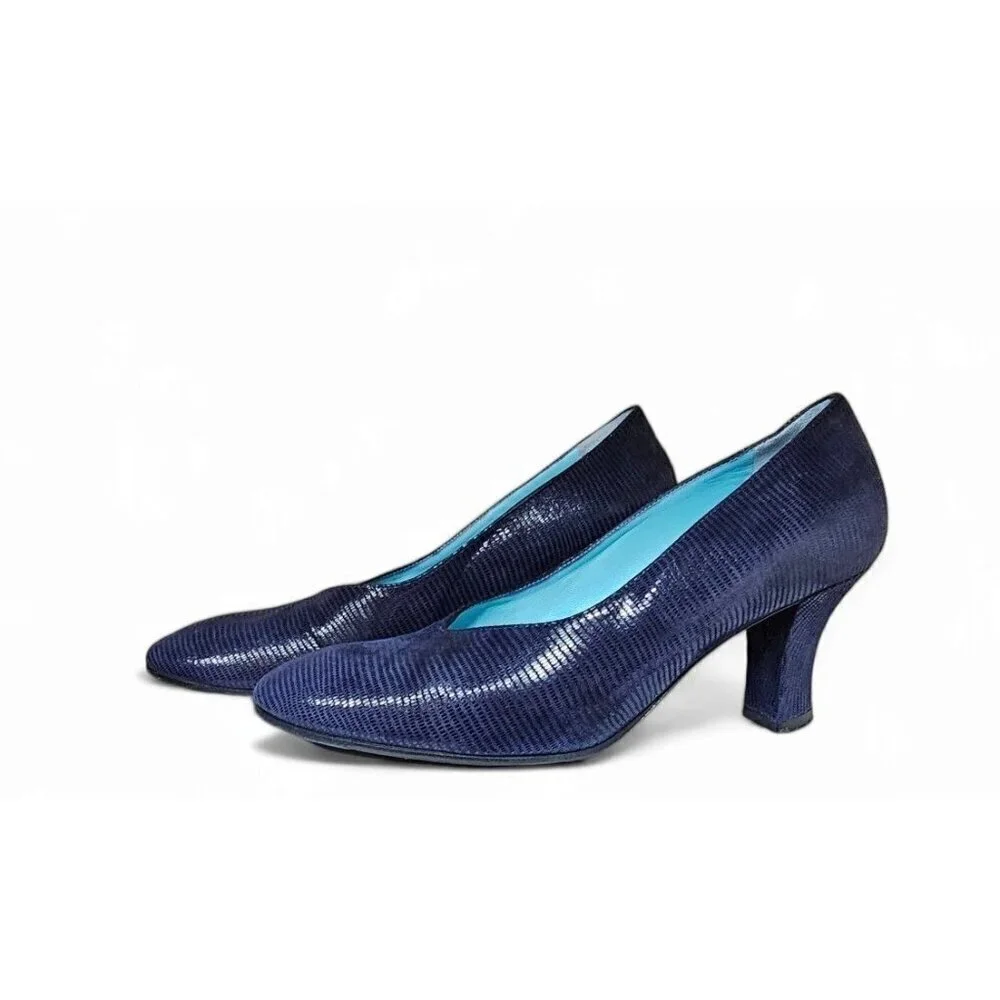 thierry rabotin navy blue ribbed leather pump 3" heel wide EU37 1/2 US7 - Picture 9 of 12
